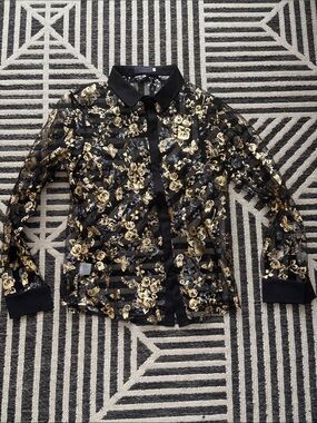 Black and Gold Floral Sheer Dress Shirt